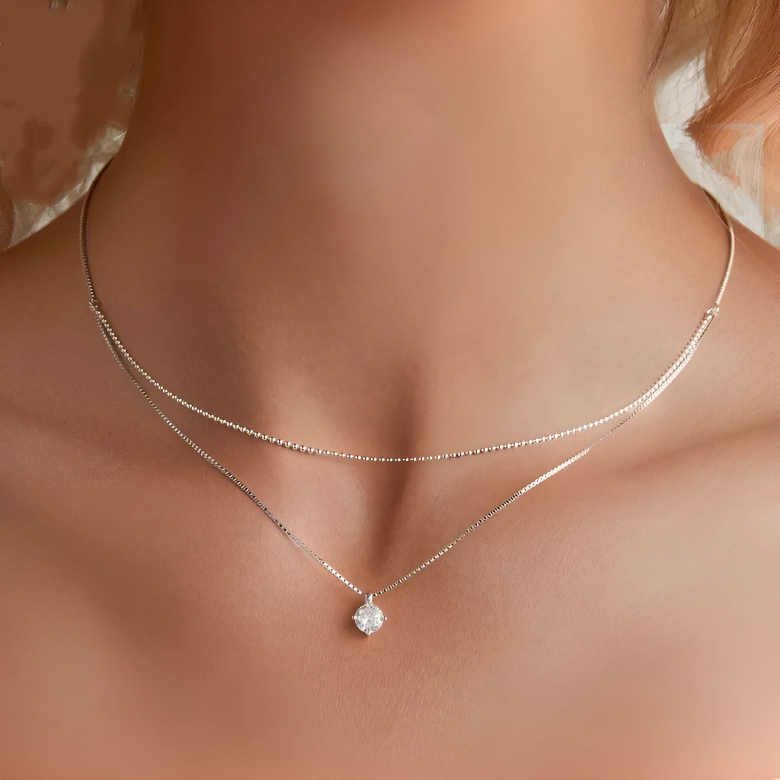 S925 sterling silver double-layer necklace with pearl chain and pendant for women