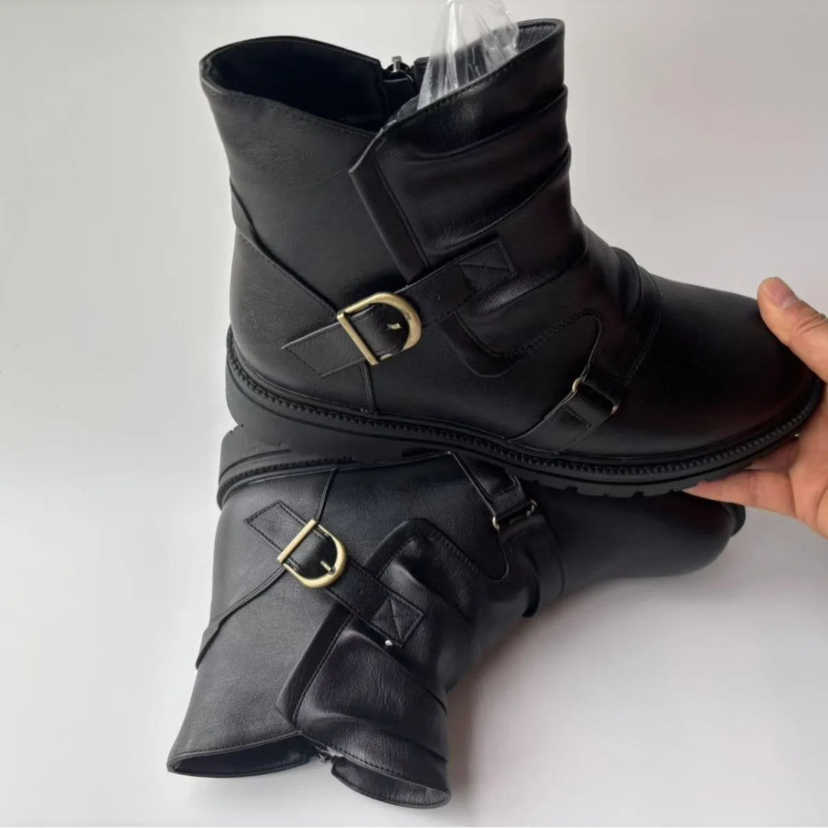 Square heel high-top men's boots brown PU leather low heel height-increasing