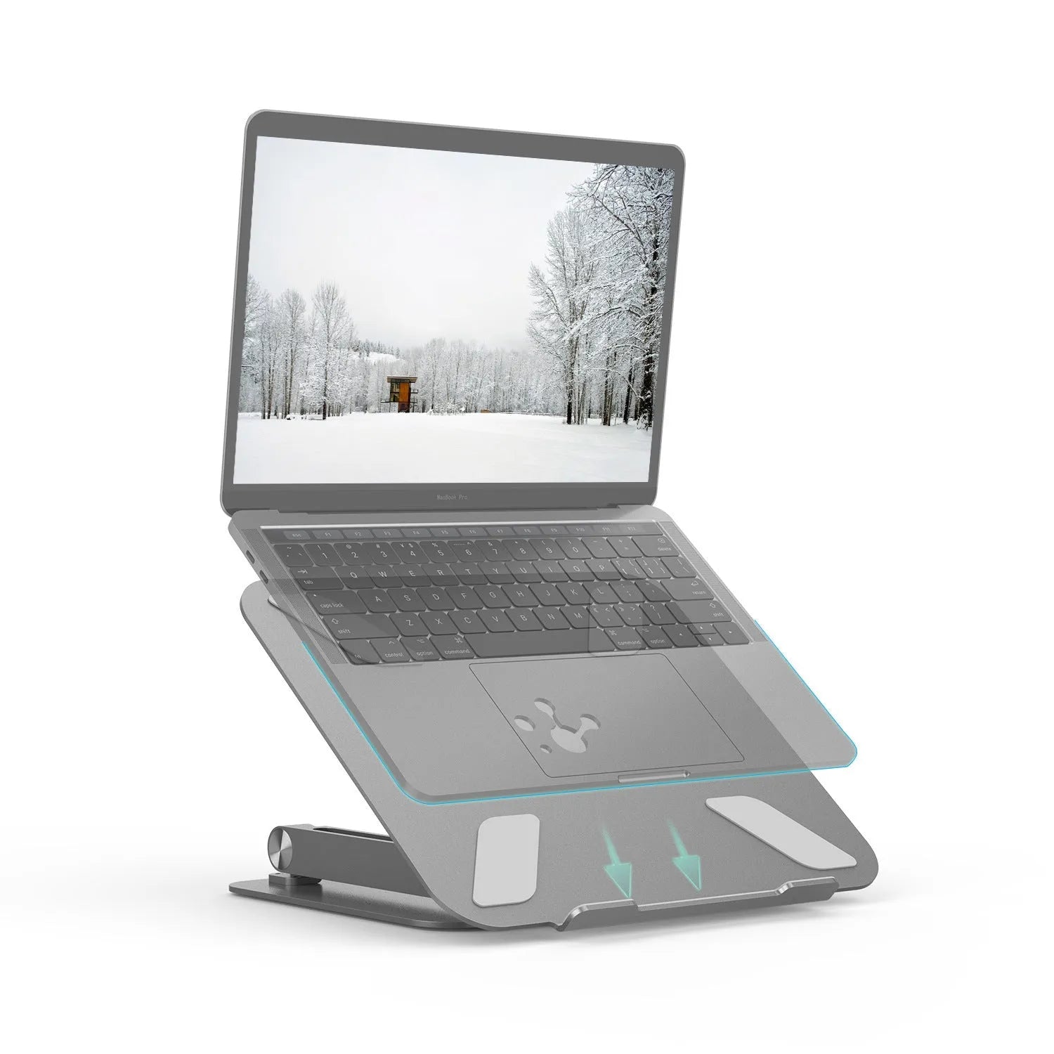 Aluminium alloy multi-angle notebook stand in space grey on a desk with a laptop