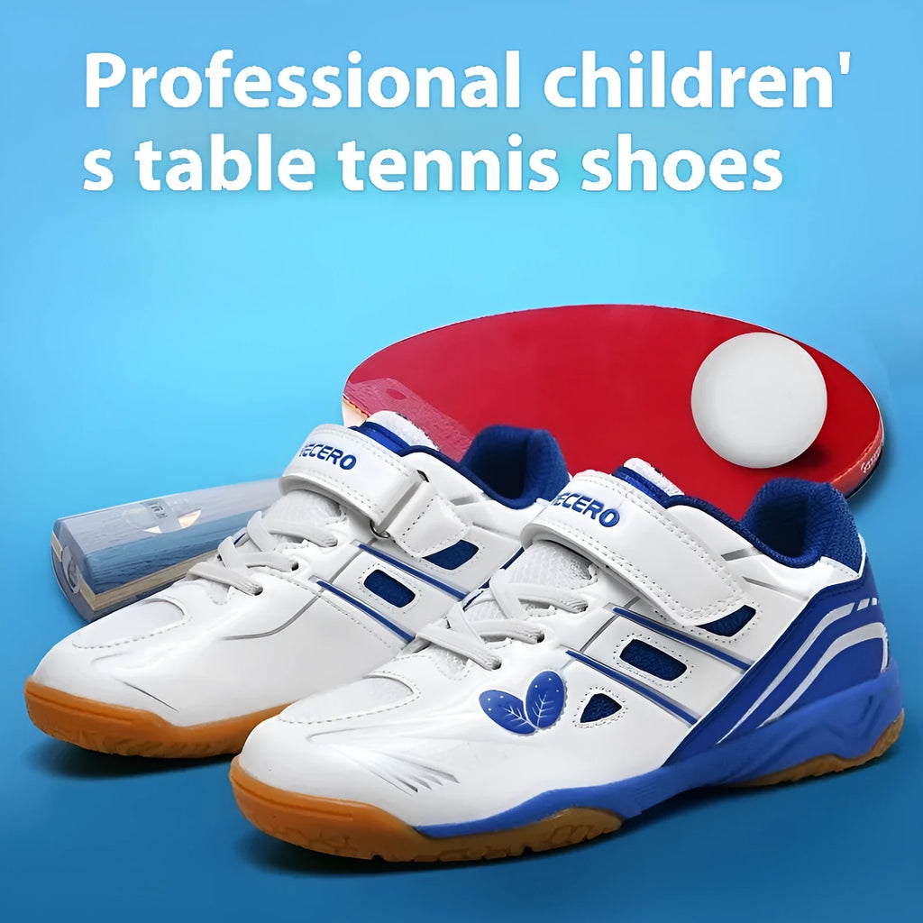 White and blue lightweight badminton shoes with a low-top casual design and ribbed sole.