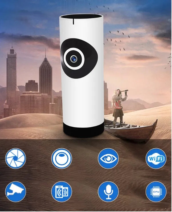 720P wireless IP camera with panoramic view, bracket, and charger for baby monitoring