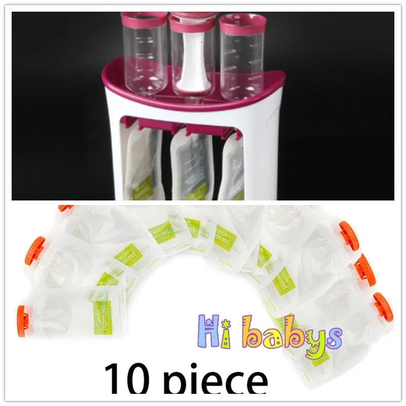 Baby food Squeeze Station machine with 4oz pouches and spoons on a table