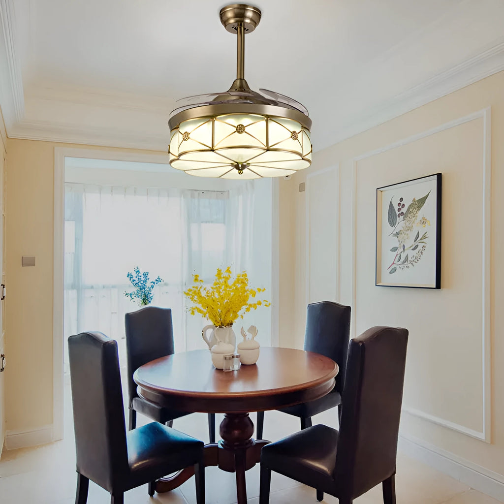 Gold 42-inch remote-controlled ceiling fan light with invisible blades and integrated LEDs