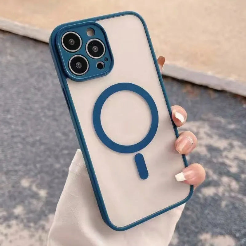 Transparent frosted magnetic phone case for iPhone with hard PC back and soft TPU edges, shockproof and anti-fingerprint