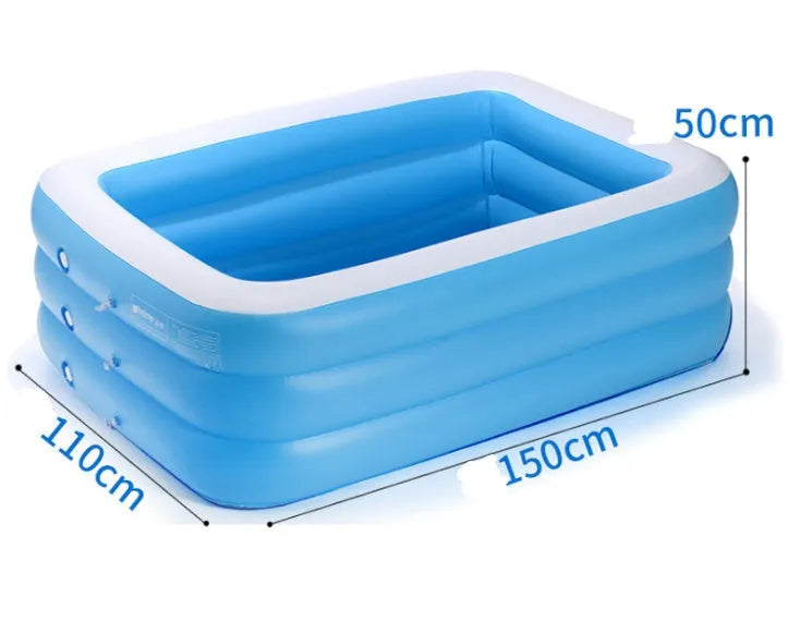 Blue and white rectangular inflatable PVC swimming pool 150cm x 110cm x 50cm in a garden setting