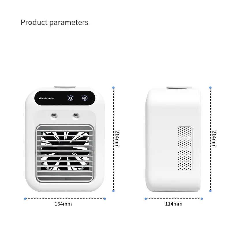 Ivory white portable air cooler with water cooling and atomization, USB powered, touchscreen control, 25W