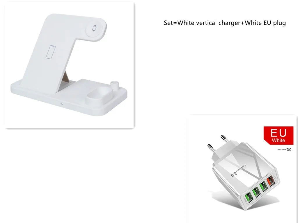 Black and white 4-in-1 wireless charging station showing phone on adjustable stand, Apple Watch, AirPods, and Apple Pencil charging simultaneously.