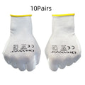 White PU coated work gloves showing palm coating detail, laid flat to display 24 cm length and L/M size labels