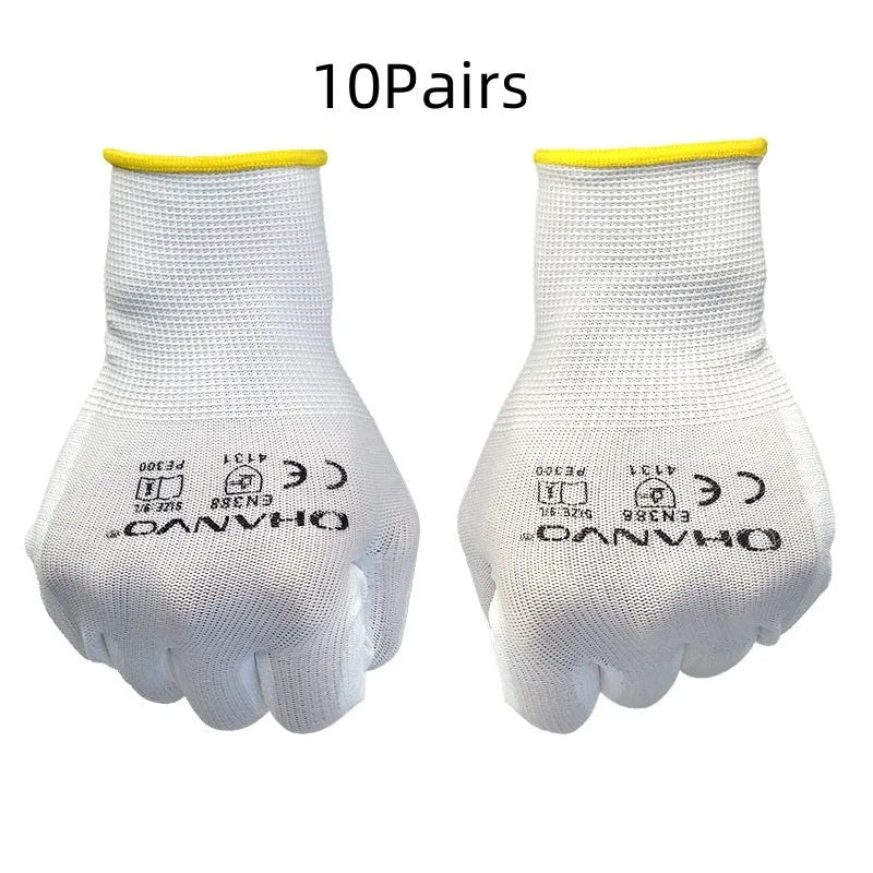 White PU coated work gloves showing palm coating detail, laid flat to display 24 cm length and L/M size labels
