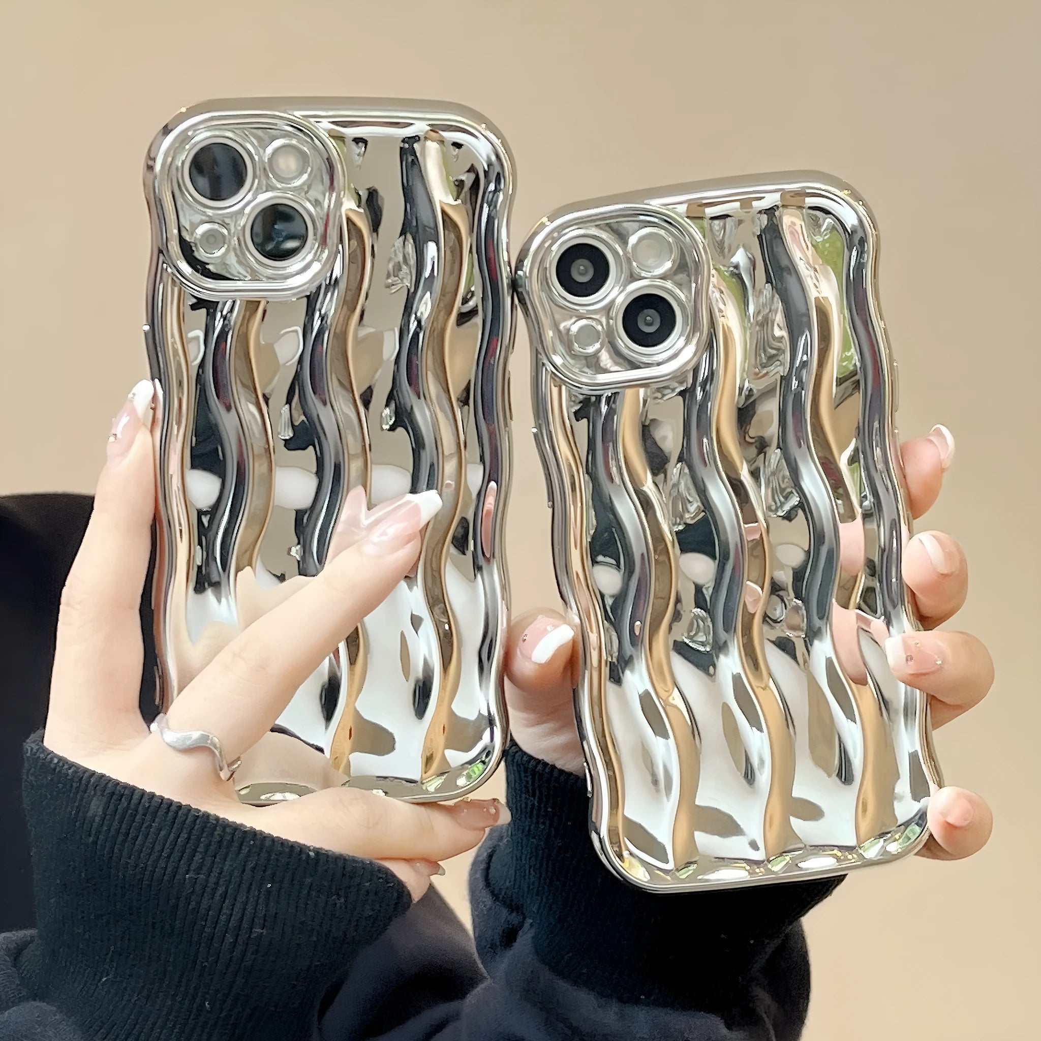 Electroplated wave stripe design iPhone 17 TPU case in metallic silver showing textured pattern