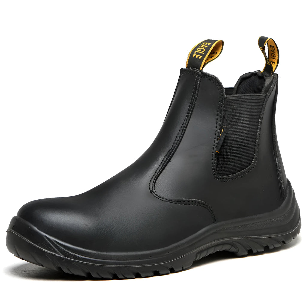 Black leather high-top safety boots with anti-piercing protection for workplace use