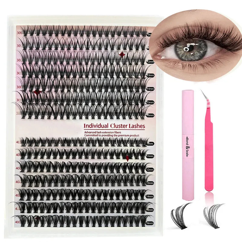 DIY cluster false eyelashes mixed package showing boxes of 30D and 40D lashes and tweezers