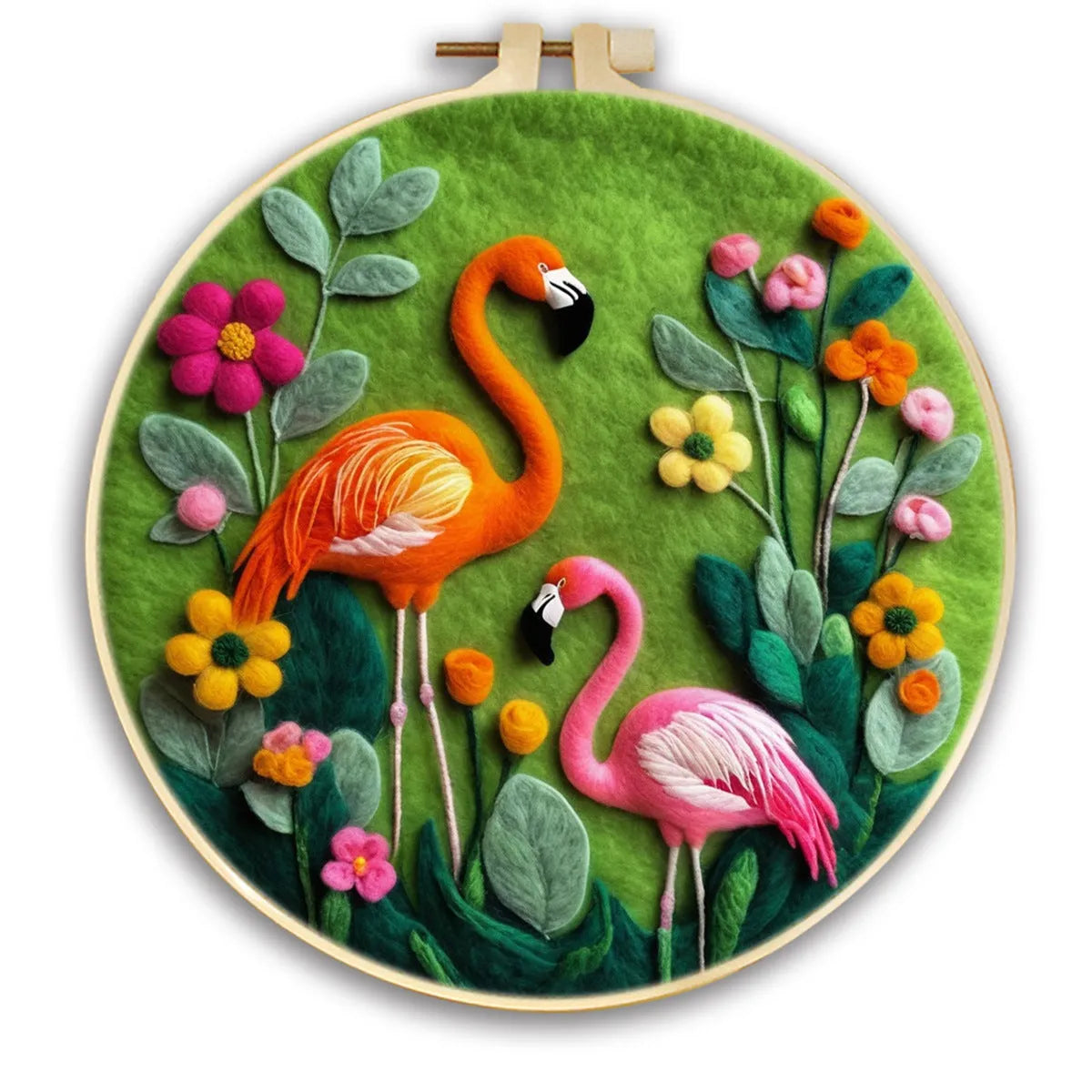 Round 20x20 cm linen embroidery kit with wool felt pieces for floral design and included embroidery frame.