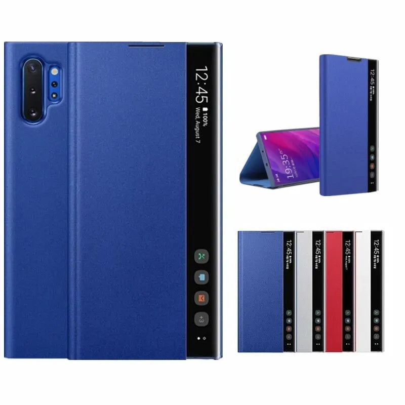Smart Sleep flip phone case for Samsung in PC material, clamshell design with kickstand, available in black, blue, red, rose gold, silver, pink