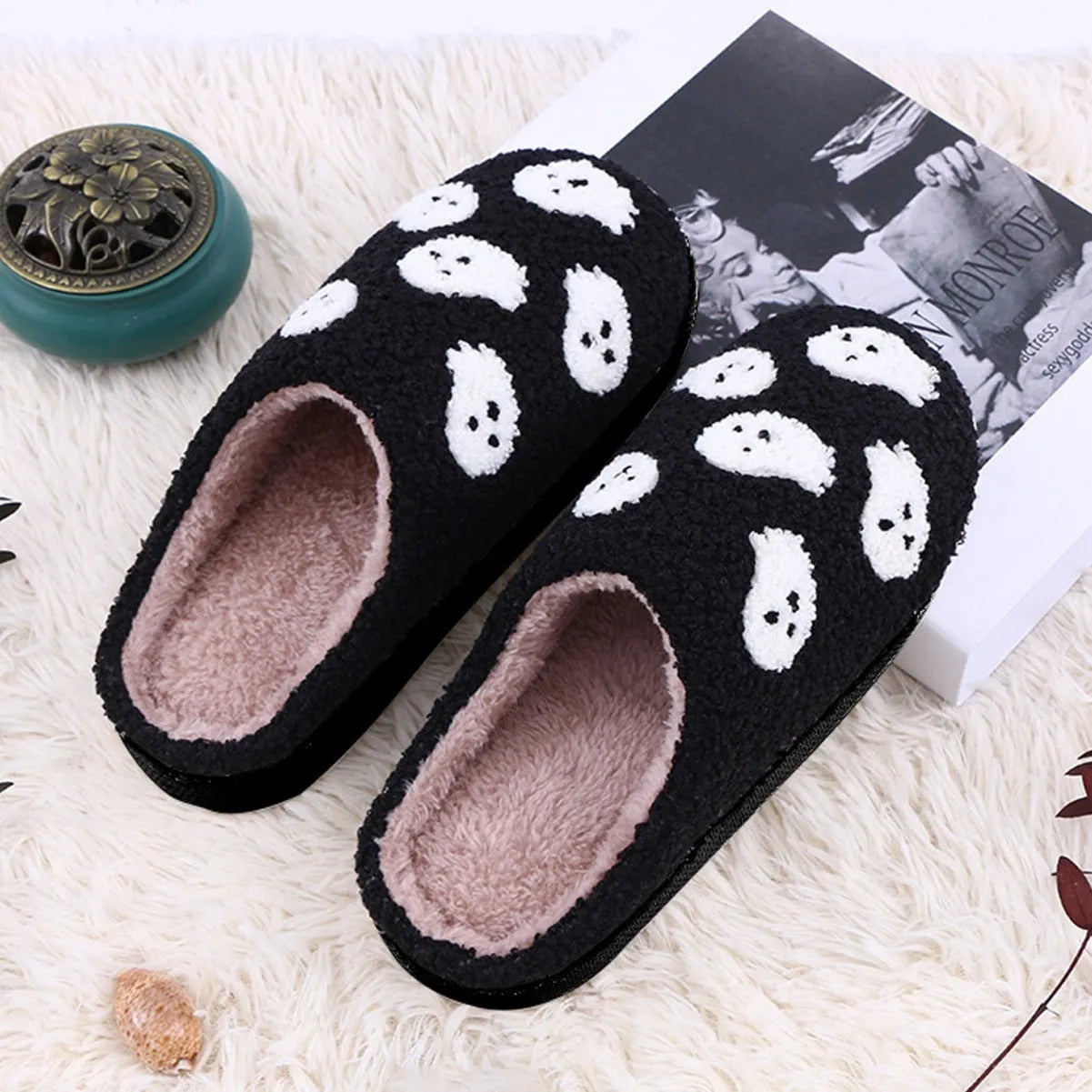 Halloween flat indoor slippers with non-slip sole, artificial plush upper, featuring spider ghost pattern