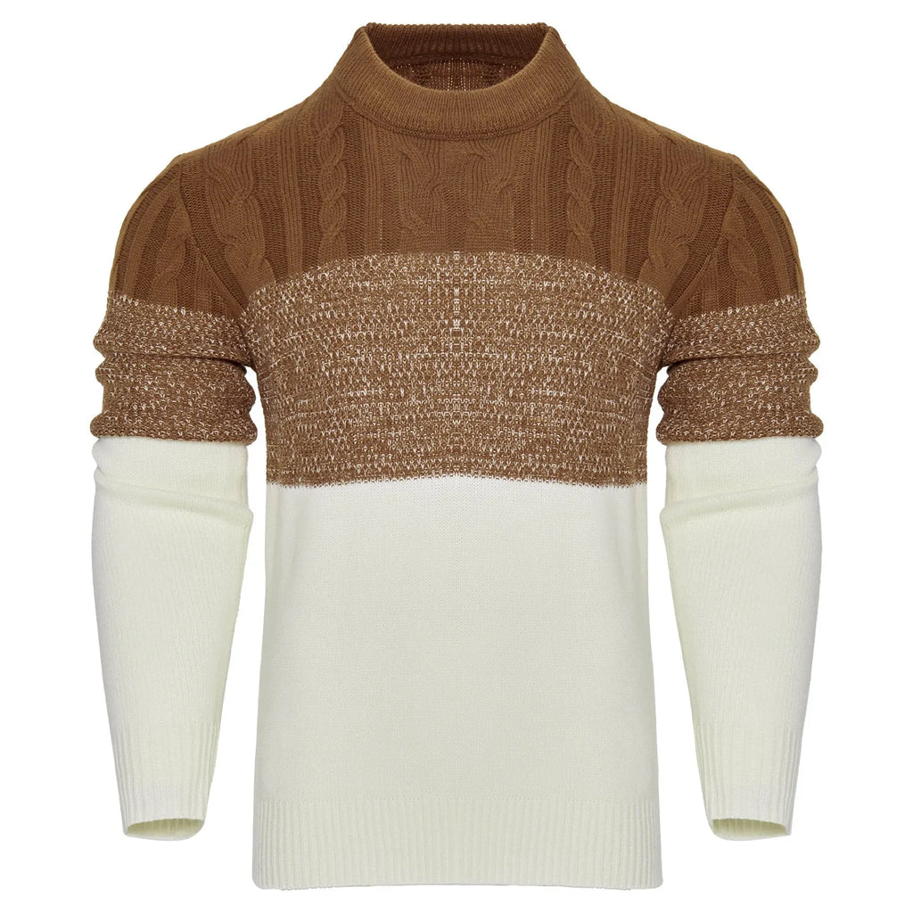 Men's casual colour block long sleeve cable knit pullover sweater in blue, crew neck and textured knit
