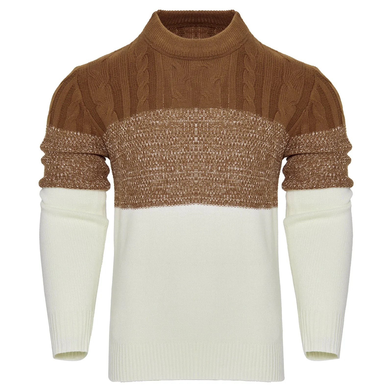 Men's casual colour block long sleeve cable knit pullover sweater in blue, crew neck and textured knit