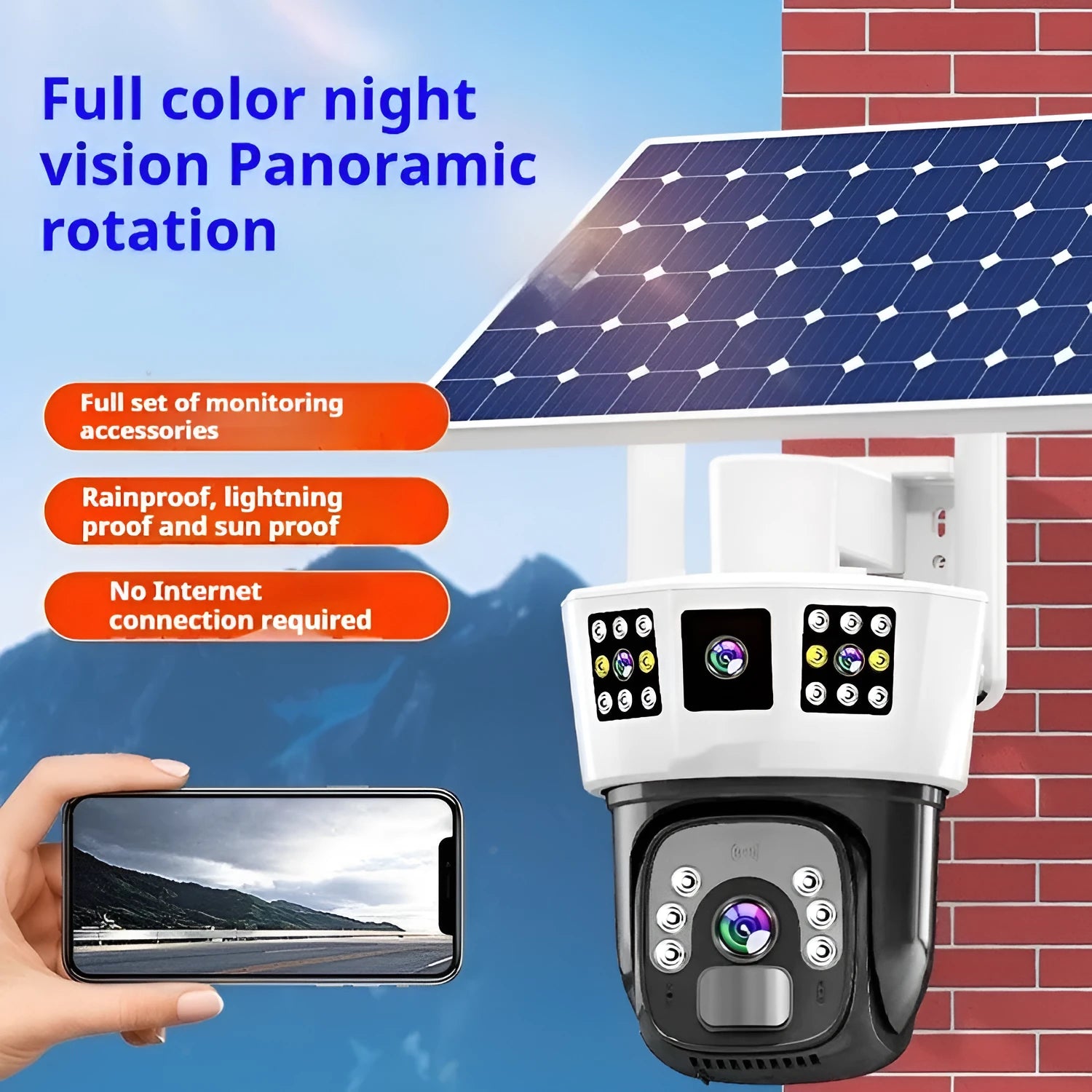 Solar-powered binocular surveillance camera with three-screen display for outdoor security monitoring