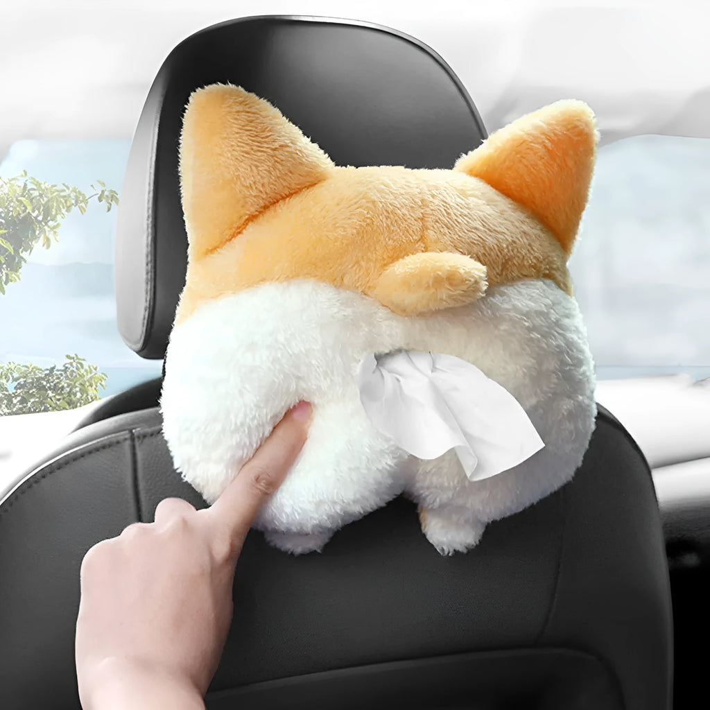 Yellow soft plush corgi butt shaped tissue box cover with elastic strap for car or home.