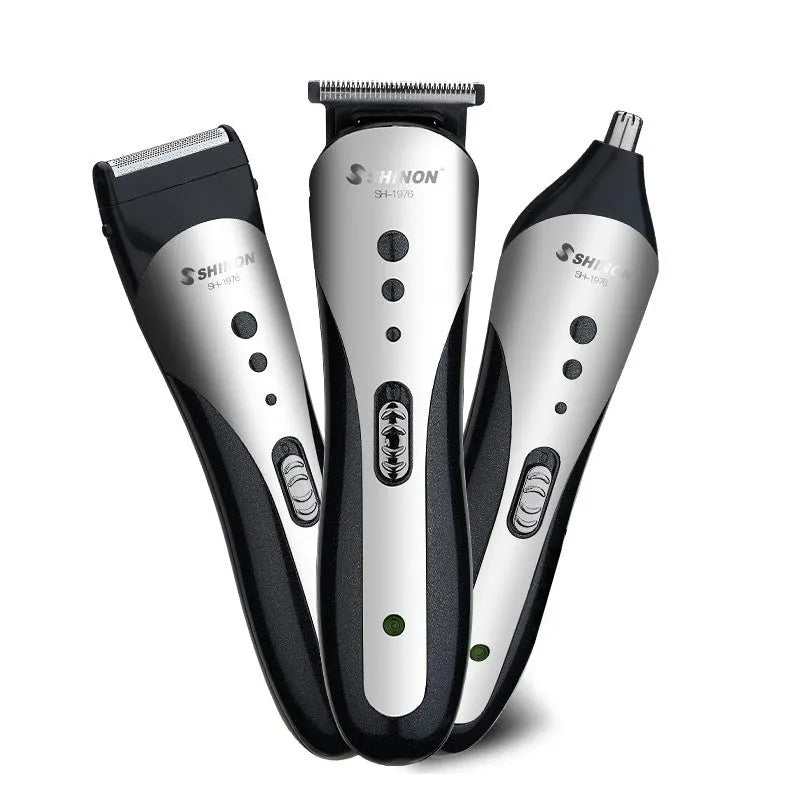 Three-in-one rechargeable men's grooming suit in compact case with attachments