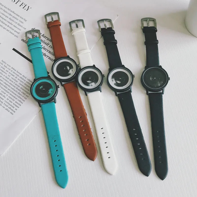 Casual unisex handless watch with pointer display, round dial, alloy case, and imitation leather strap on wrist