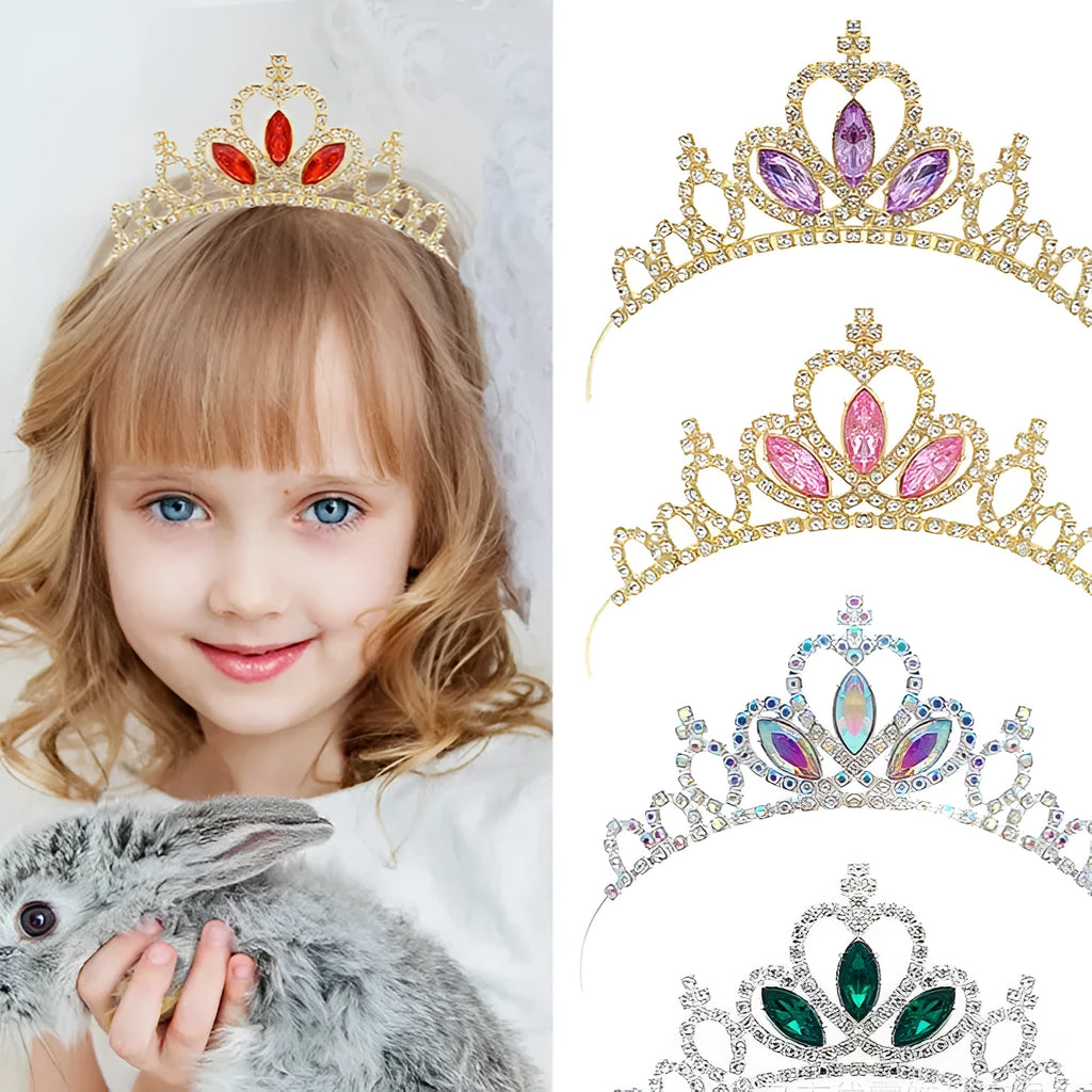 Gold and silver electroplated alloy princess crown headdress for girls with coloured diamond embellishments.