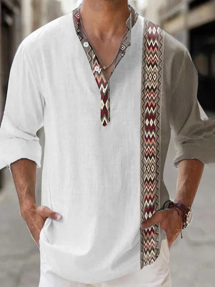 Thin striped long sleeve Hawaiian-style shirt in a digital bamboo linen pattern.