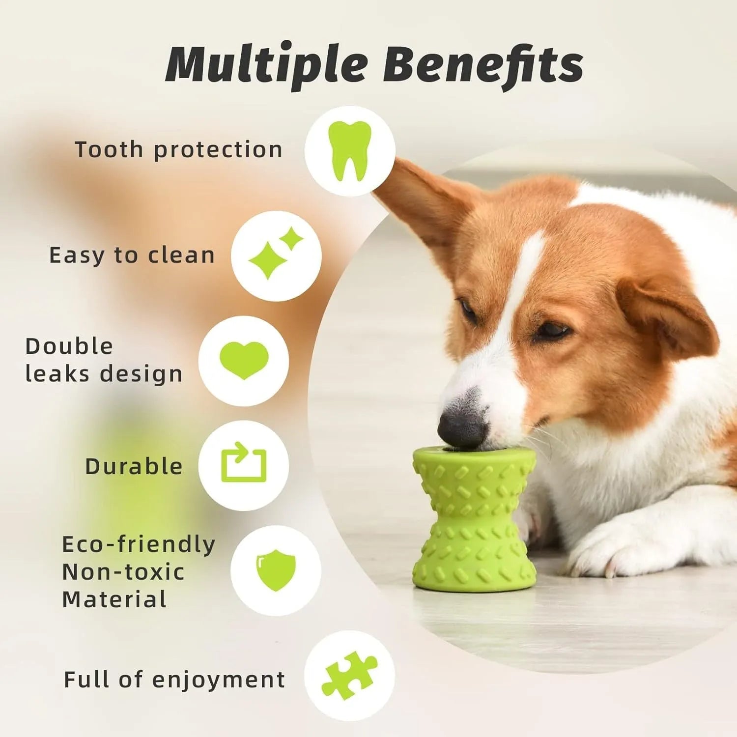 Interactive treat dispensing dog toy in blue, green or purple with hollow centre and food leakage holes