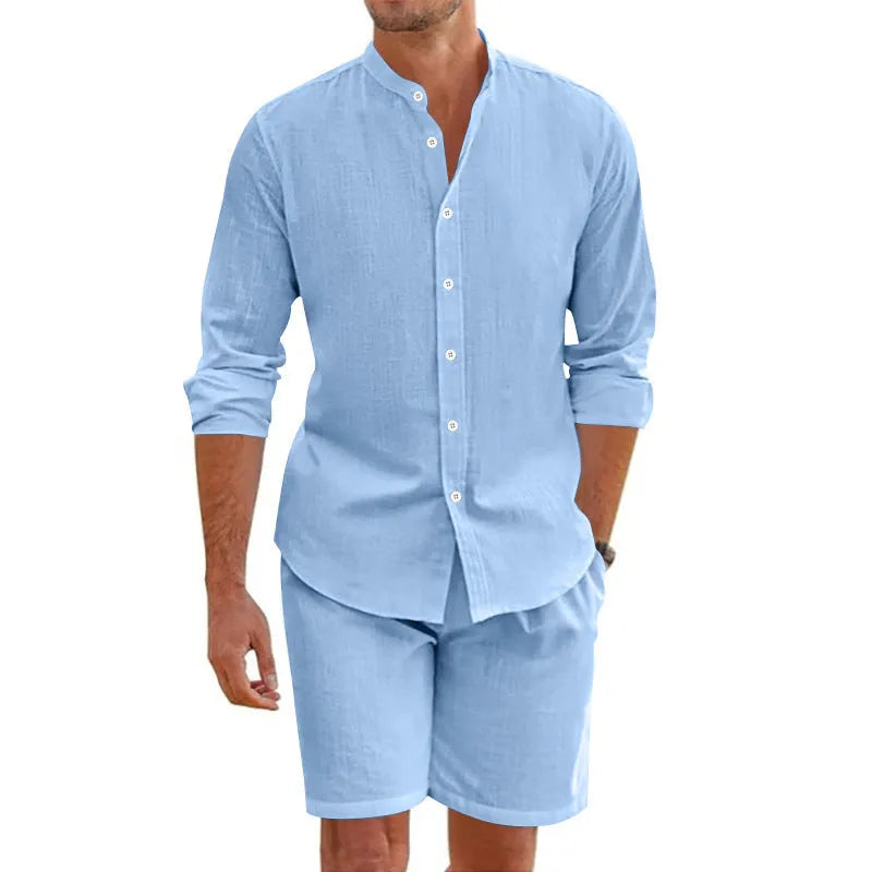 Men's dark grey linen blend short sleeve shirt and drawstring shorts set laid flat.