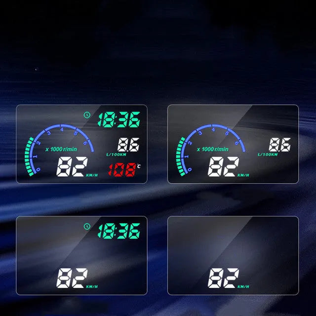 New i9 head up display with 5.5 inch aviation LED screen in black, showing speed and fuel data on a car dashboard