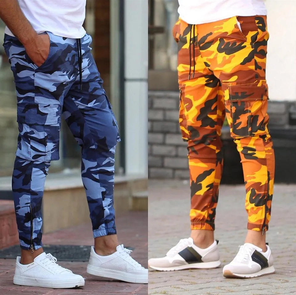 Men's casual camouflage pants with elastic waist and full-length polyester cargo style in blue and green colours