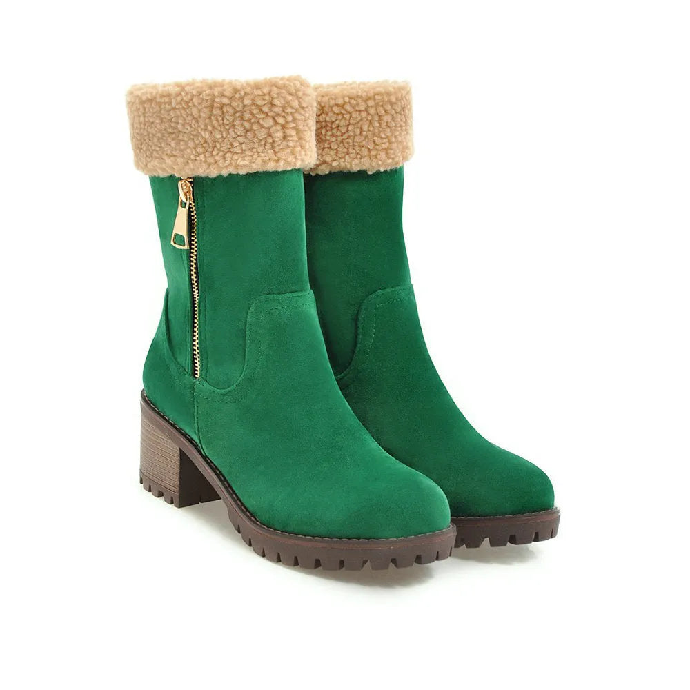 Snow boots with rubber sole and plush lining in black, grey, green, or orange