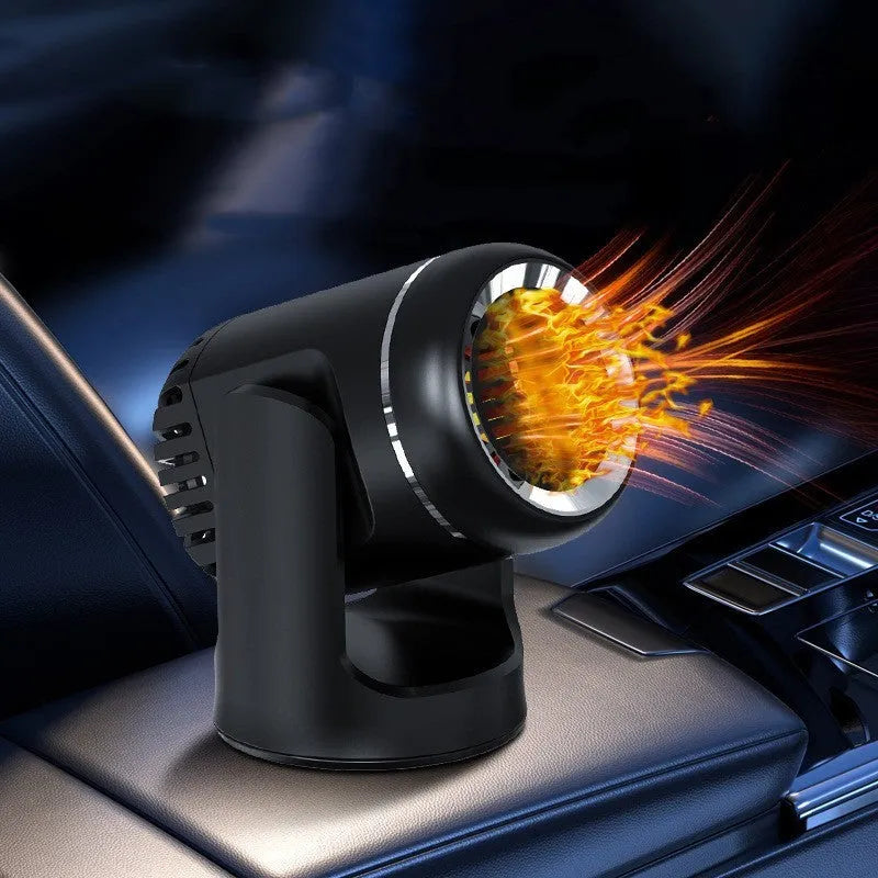 Compact black and white 12v car heater with dual cold/warm settings for vehicle defrosting and cabin comfort