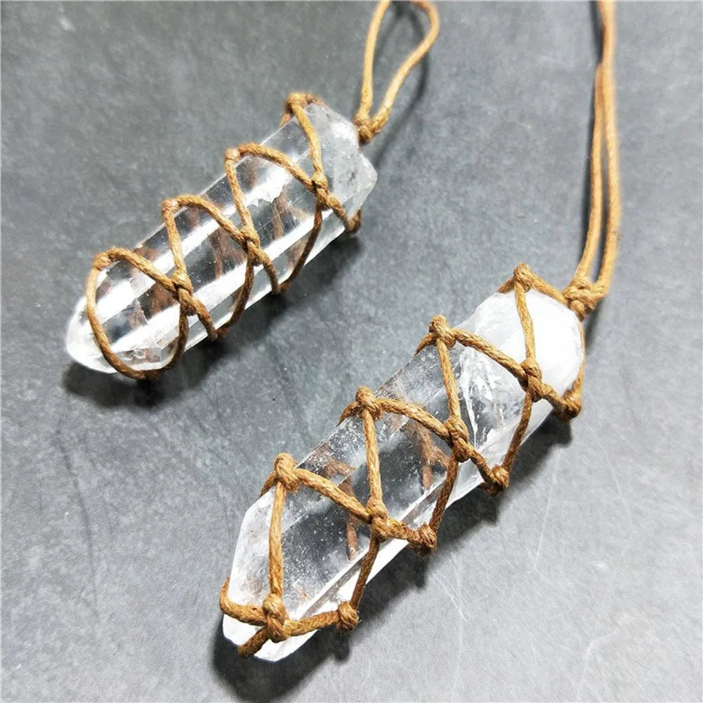 White crystal pillar pendant necklace in transparent colour with geometric shape hanging from chain