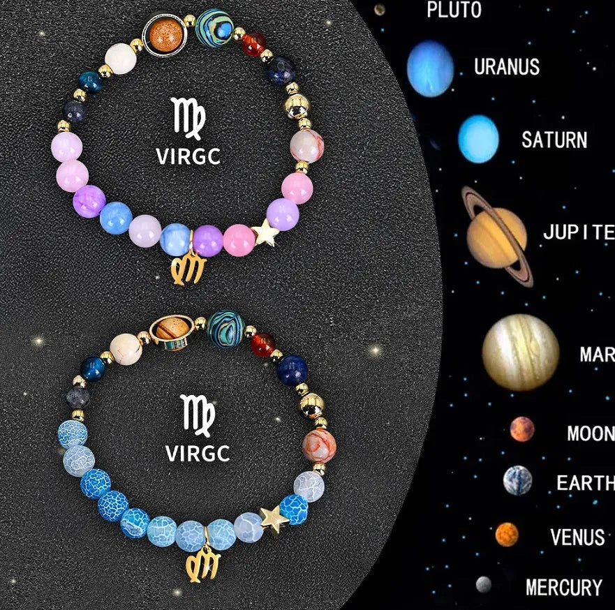 Set of twelve natural stone beaded bracelets, each with a different zodiac sign charm.