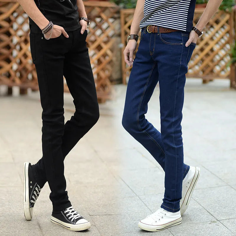 Stretch men's cotton jeans in blue, front view, showing five-pocket design and zip fly