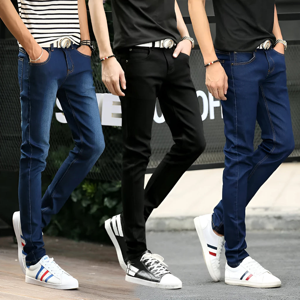 Stretch men's cotton jeans in blue, front view, showing five-pocket design and zip fly