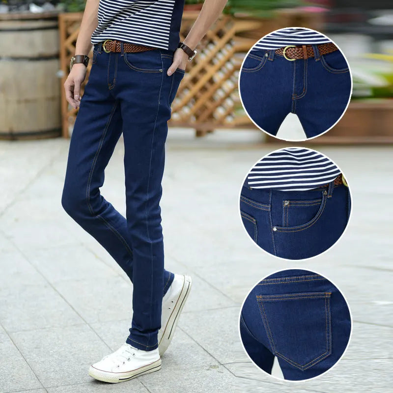 Stretch men's cotton jeans in blue, front view, showing five-pocket design and zip fly