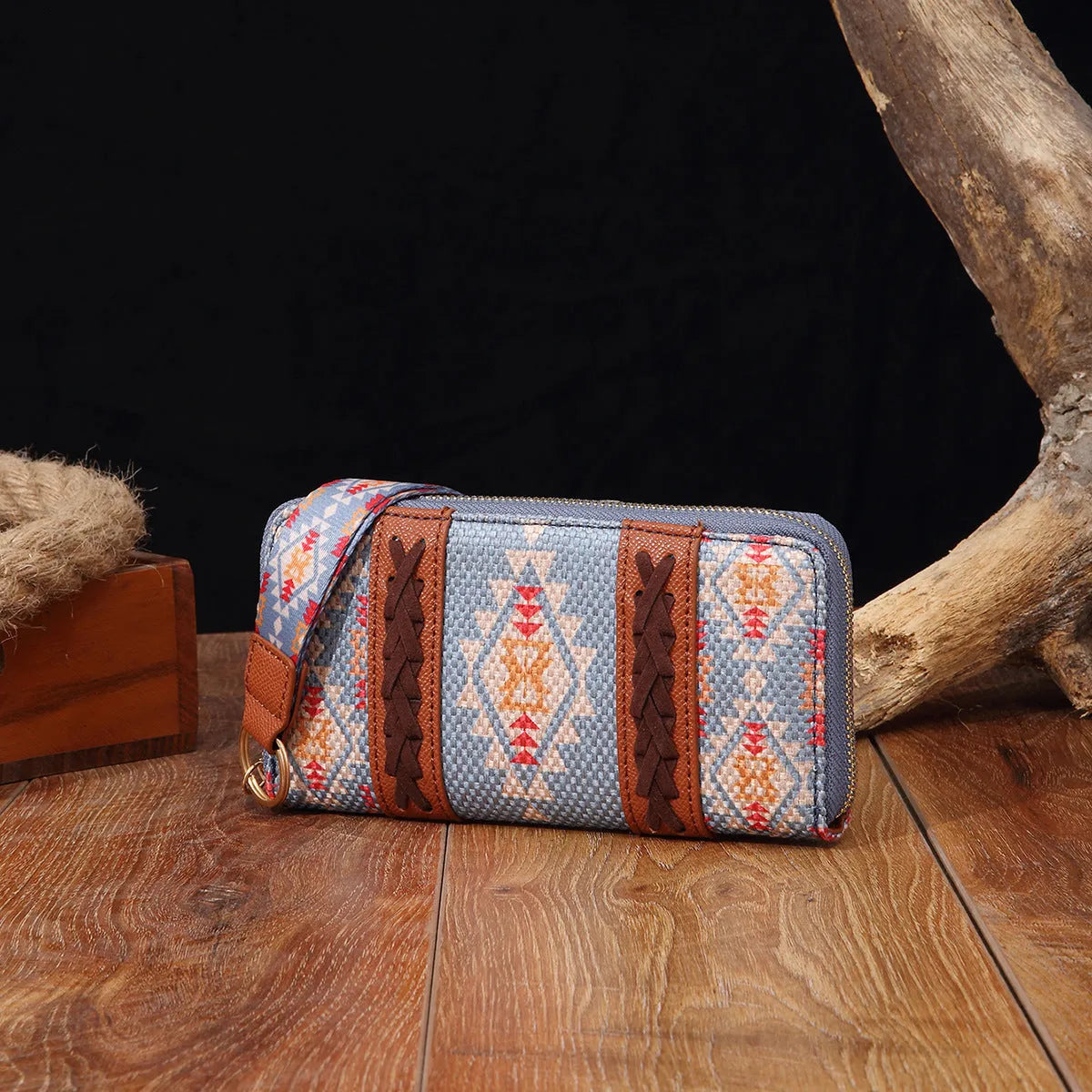Vintage cotton and linen printed bohemian hand-carrying wallet card holder with contrast colour stitching