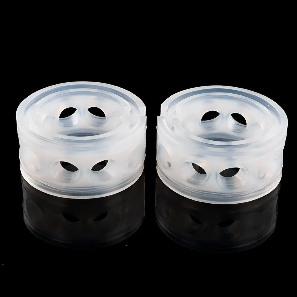Transparent rubber car spring shock absorber buffers showing six size options for suspension modification