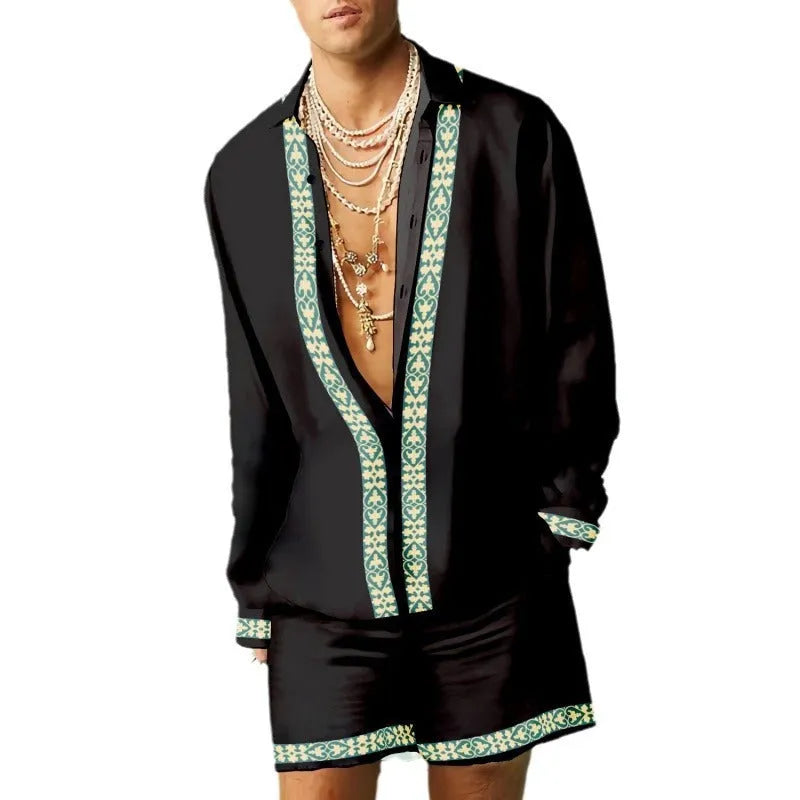 Men's slim fit casual summer matching set with long sleeve shirt and shorts on a hanger