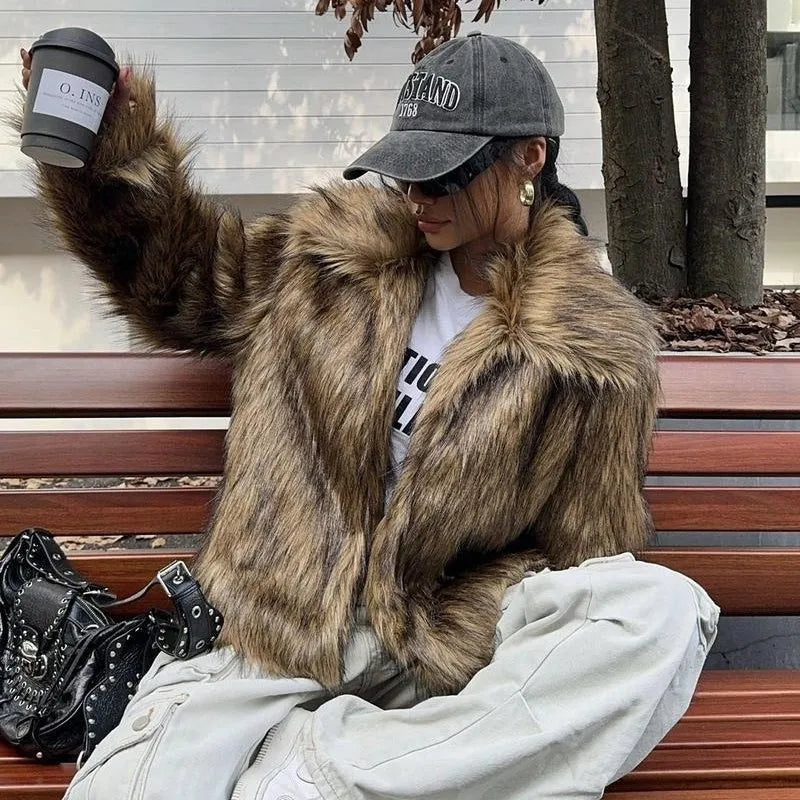 Women's artificial fox fur coat with thick collar in multiple colour options