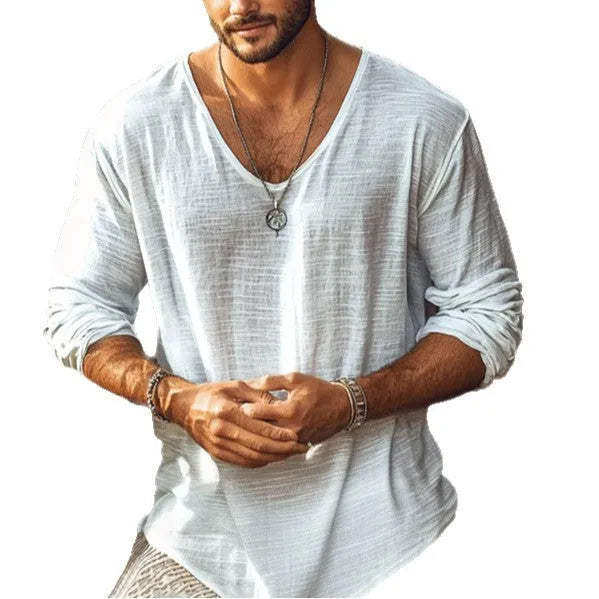 Beige long-sleeved V-neck t-shirt in slim fit made from hemp blend fabric.