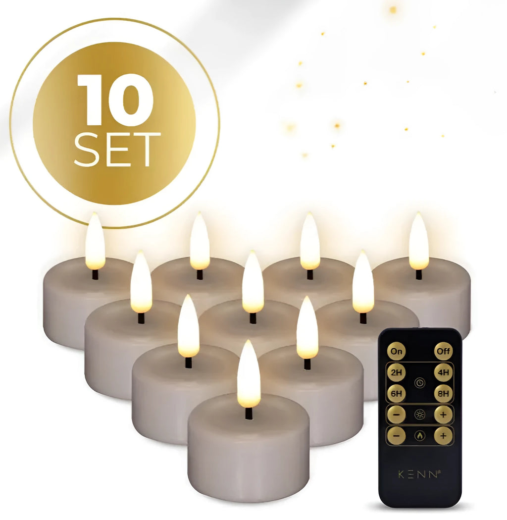 Four taupe-coloured S10 3D flame LED tealight candles showing realistic flickering effect