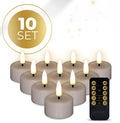 Four taupe-coloured S10 3D flame LED tealight candles showing realistic flickering effect