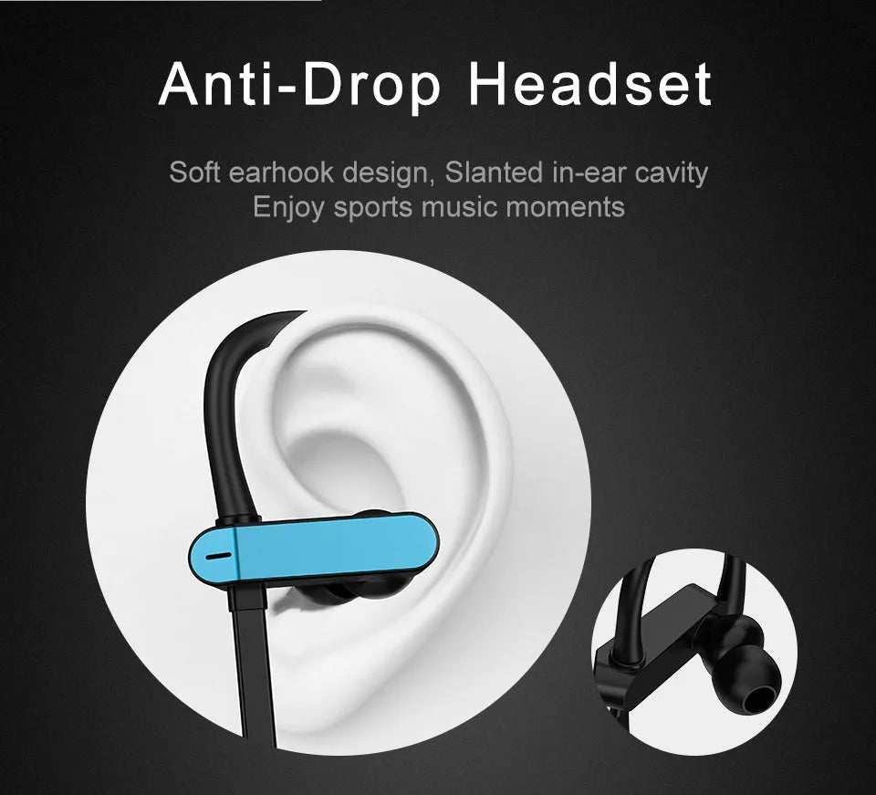 Black and blue sports earphones with flexible ear hooks and silicone gel earbuds for running and gym.