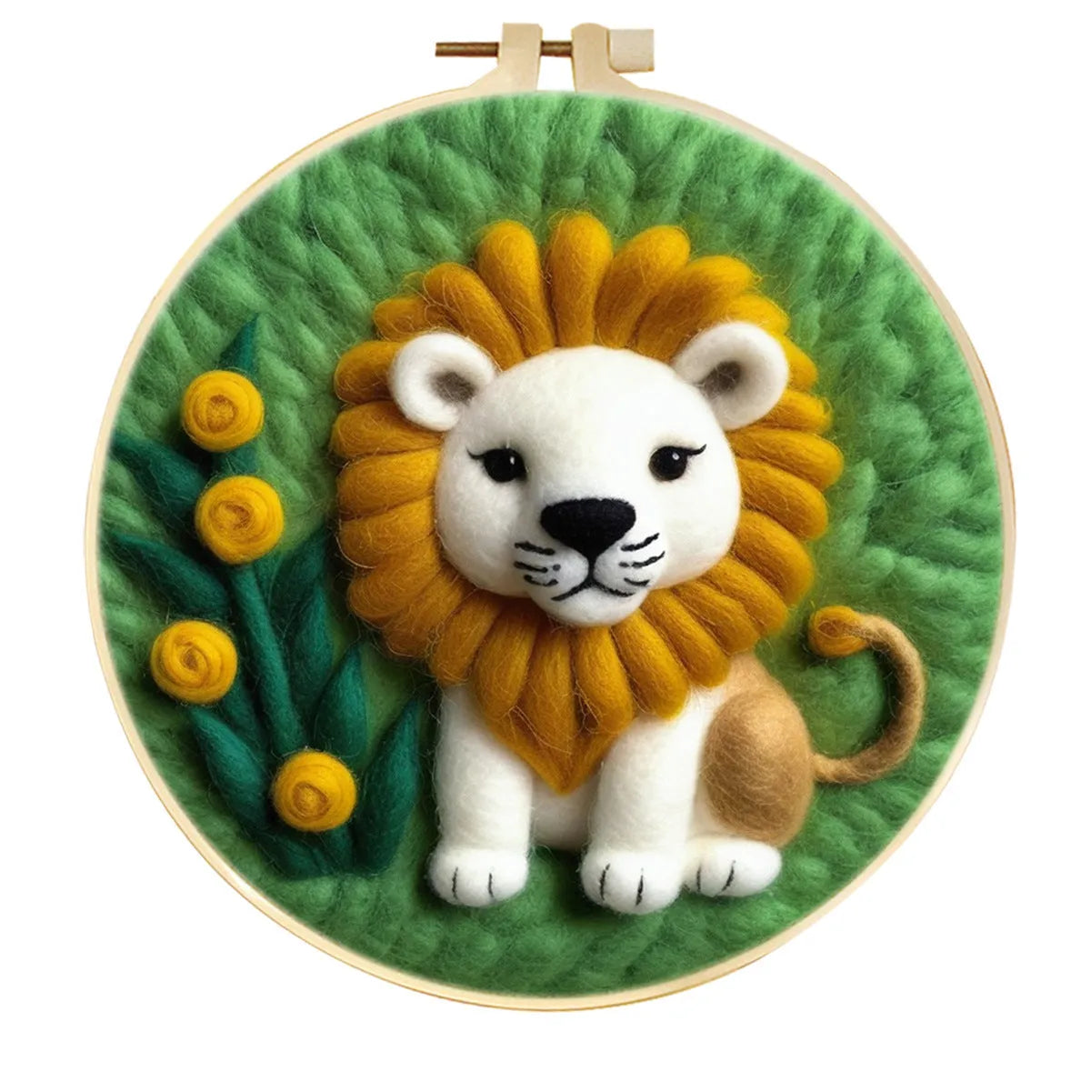 Round 20x20 cm linen embroidery kit with wool felt pieces for floral design and included embroidery frame.