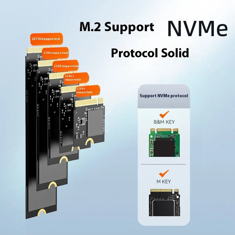 Black external hard disk enclosure for M.2 NVME SSDs with Type-C port