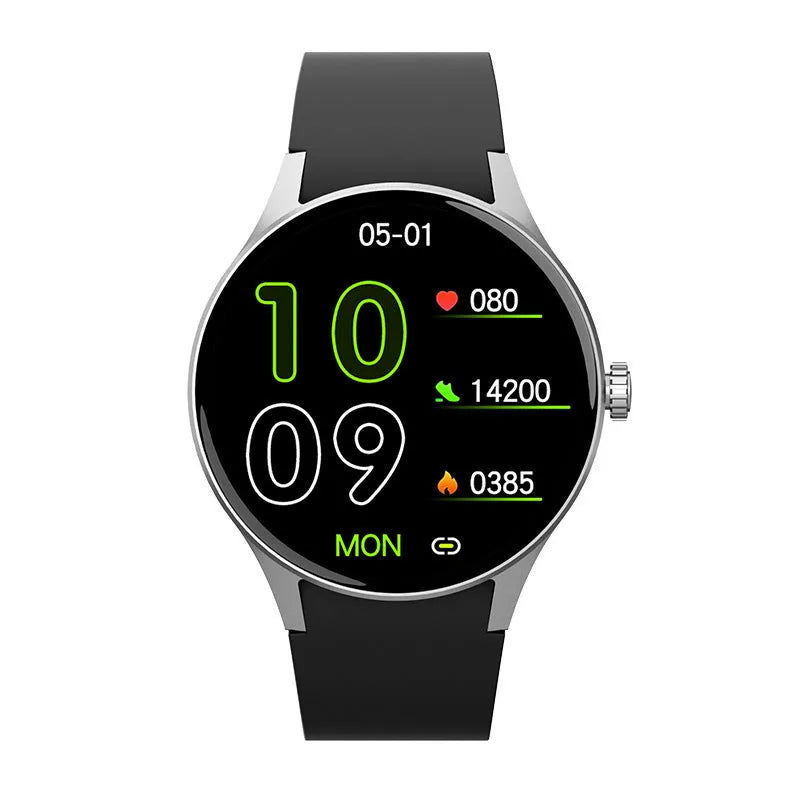 Smart watch with blood glucose and heart rate monitoring on a coloured AMOLED screen.