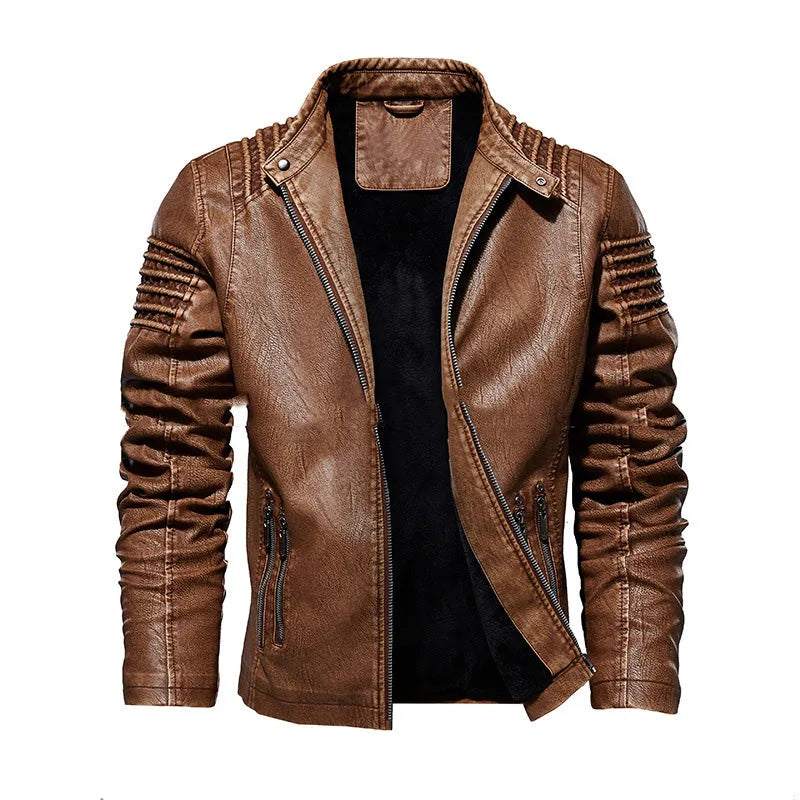 Men's PU leather biker jacket with stand collar, zipper front, and zipper pockets in black